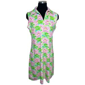 Barbara Gerwit Dress M Green Pink Floral Sleeveless Stretch Lilly Pad Preppy